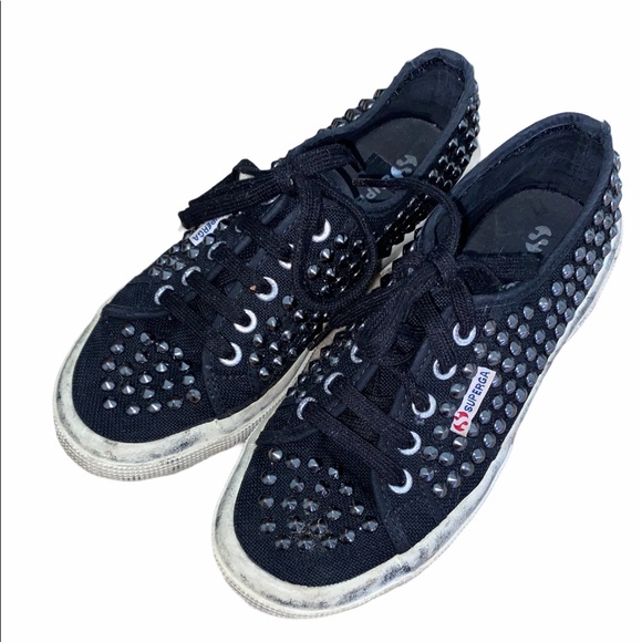 SUPERGA Black & Silver Grommet Distressed Sneakers Size 6.5 - Picture 3 of 13